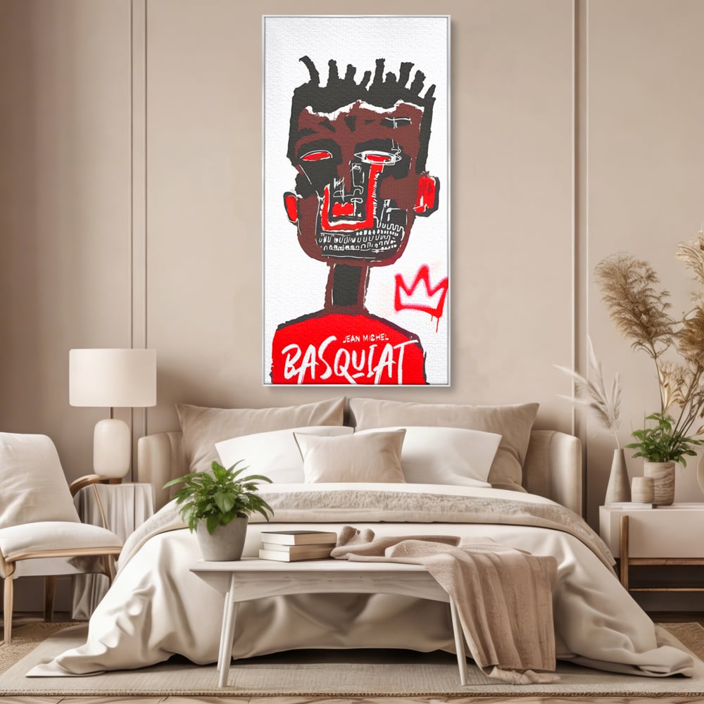 Tablou canvas cu tablou canvas cu portret abstract stil basquiat, in rama de aluminiu argintiu, pe perete intr-un dormitor